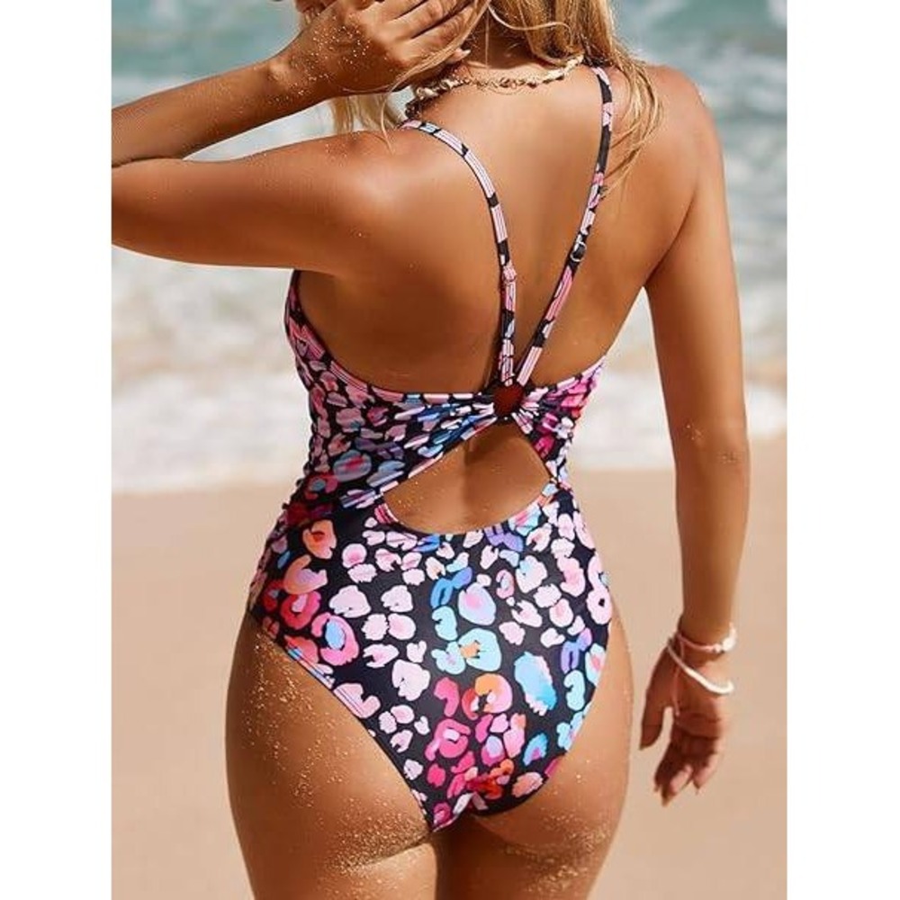 CUPSHE Leopard Print One Piece Swimsuit V-Neck Cutout Tummy Control NWT Small - Picture 2 of 9